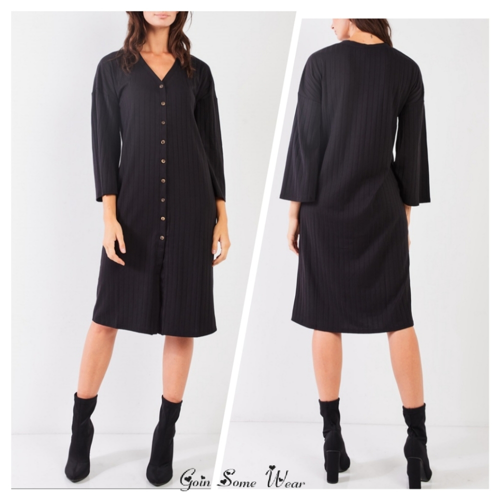 GSW Black Strip Ribbed V-Neck Button Down Midi Dress